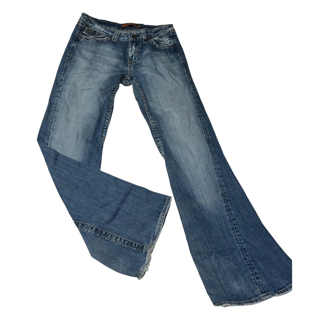 VIGOSS Jeans Women 9/10 Blue Wash distressed Flare Bootcut Denim Flap‎ Pocket